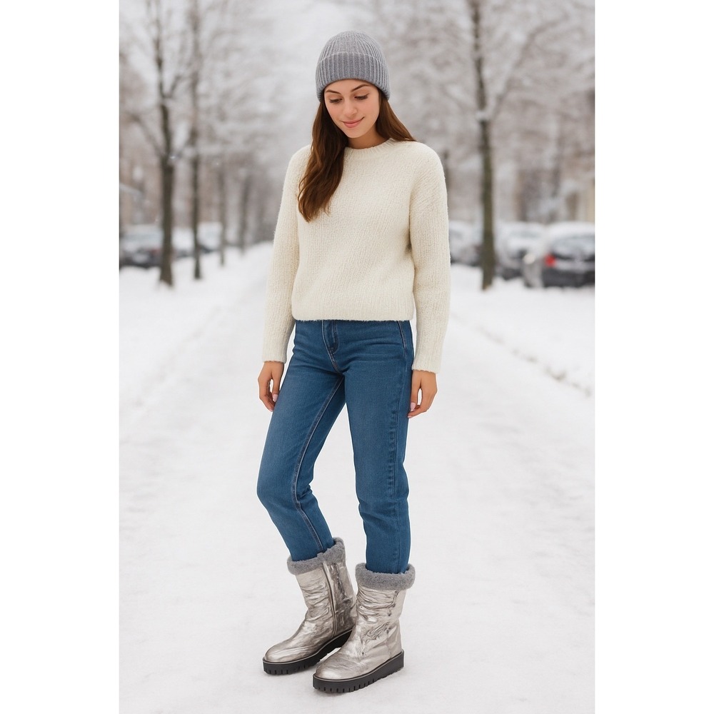 Metallic Silver Winter Snow Boots Faux Fur Cuff‎ Zipper Detail Warm Boots